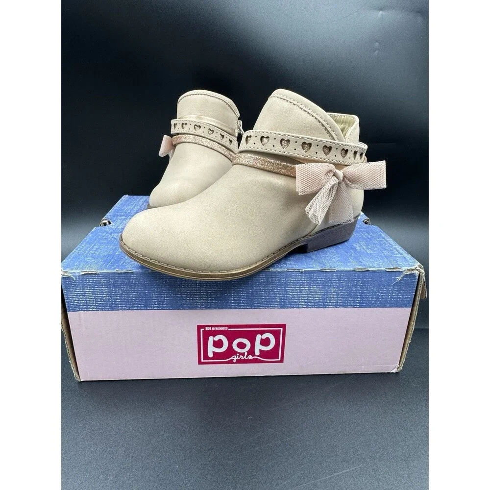 Pop Big Girls Lil Elisha Block Heel Tan Toddler Booties Size 8 M, New